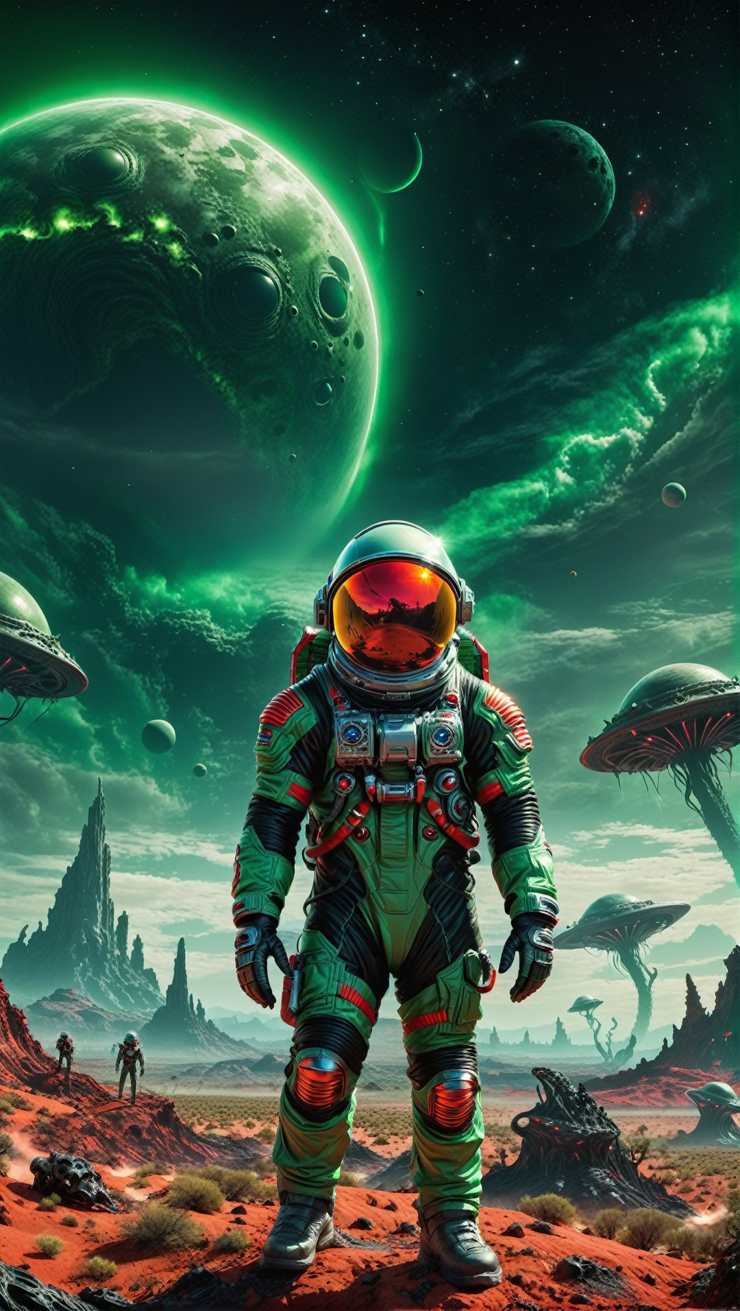 A lost but calm astronaut on a planet surrounded by monstrous scared aliens. and the planet dresses skies and landscapes i...