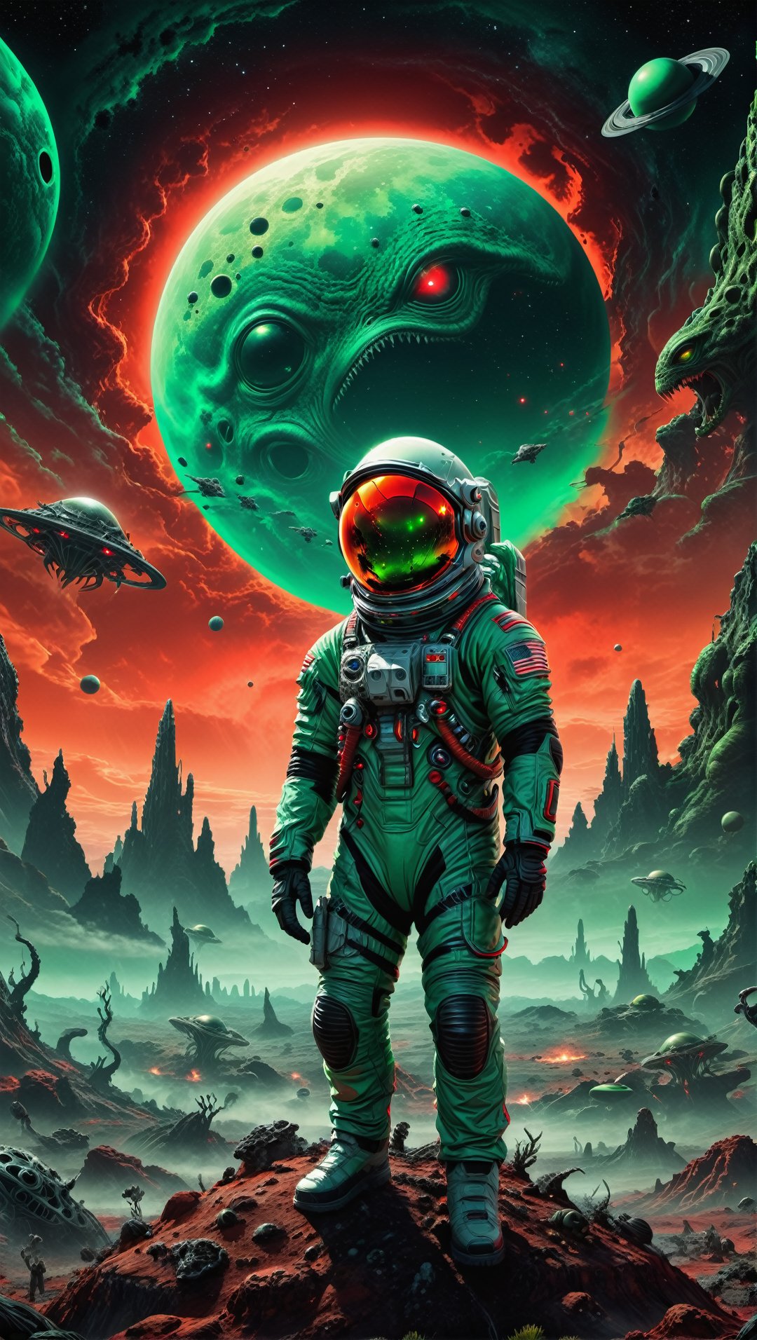 A lost but calm astronaut on a planet surrounded by monstrous scared aliens. and the planet dresses skies and landscapes i...