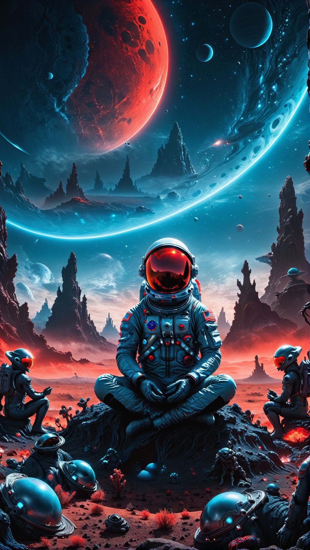 A lost but calm astronaut meditating on a planet surrounded by monstrous scared aliens. and the planet dresses skies and l...