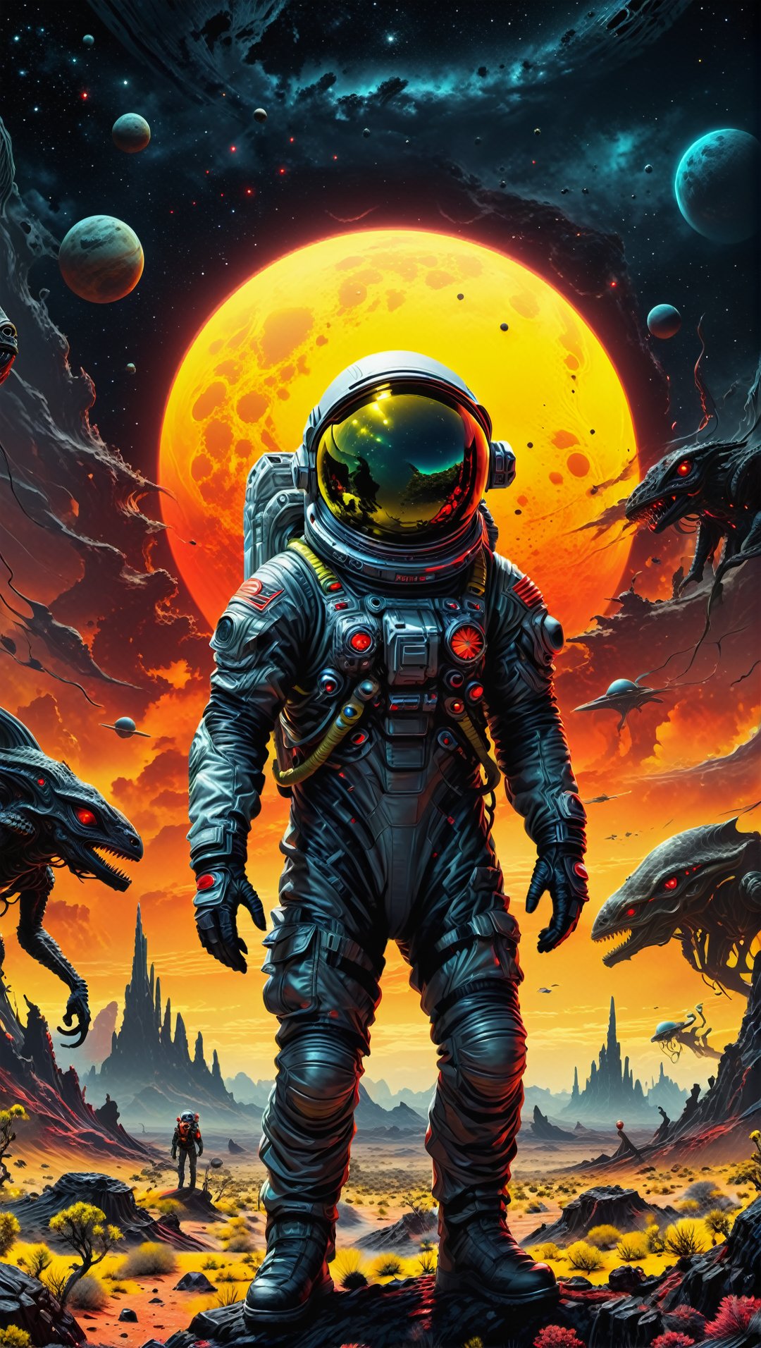 A lost but calm astronaut on a planet surrounded by monstrous scared aliens. and the planet dresses skies and landscapes i...