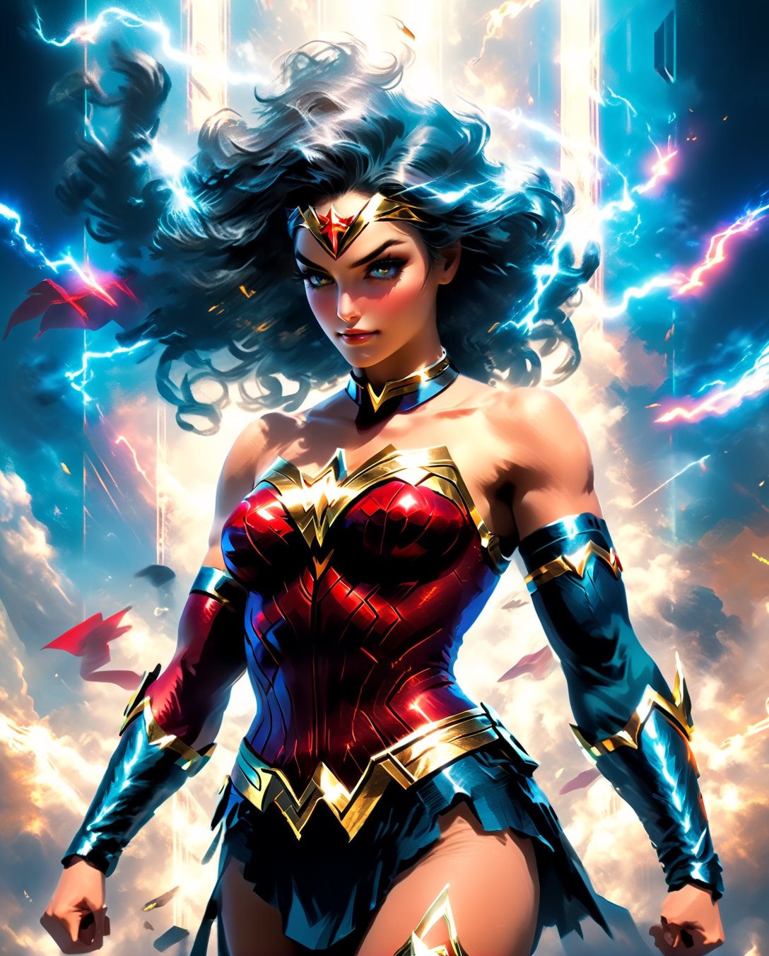 an image of an wonder women qpangel in the sky,  unreal engine render + a goddess,  wonder woman as a heavenly angel by Ce...