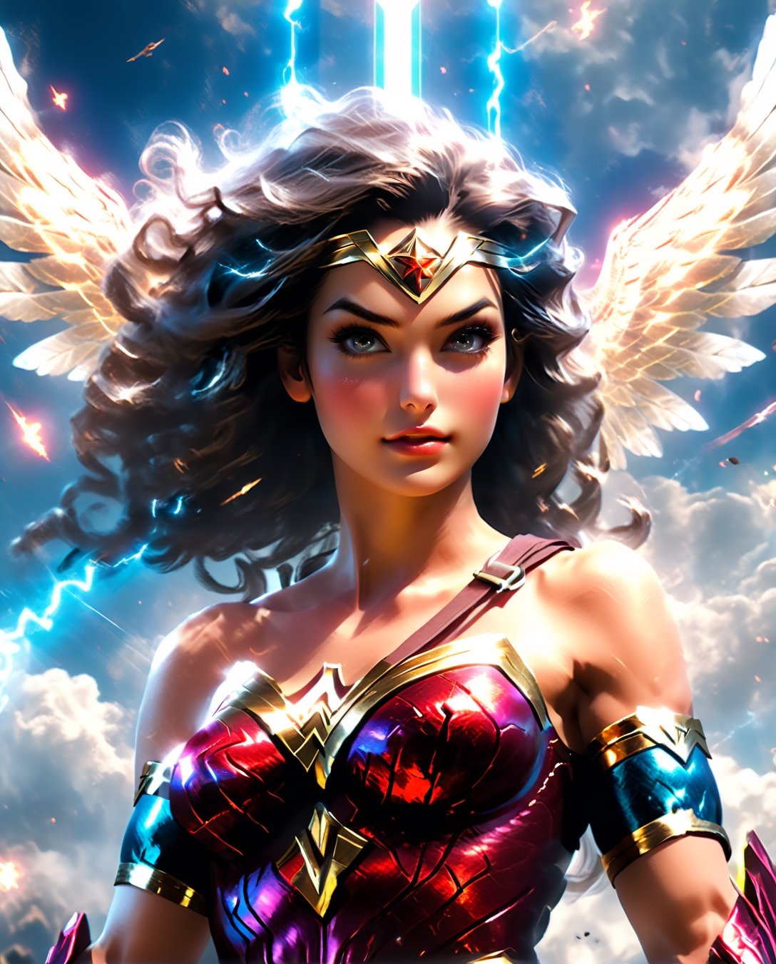 an image of an wonder women qpangel in the sky, unreal engine render + a goddess, wonder woman as a heavenly angel, unreal engine render saint seiya, goddess of light, wonder woman meditating in space, infinite angelic wings, tron angel, wings made of light, angelic wings on her back, square enix cinematic art, tall female devil, wonder woman as an devil, variant poses, ,detailmaster2