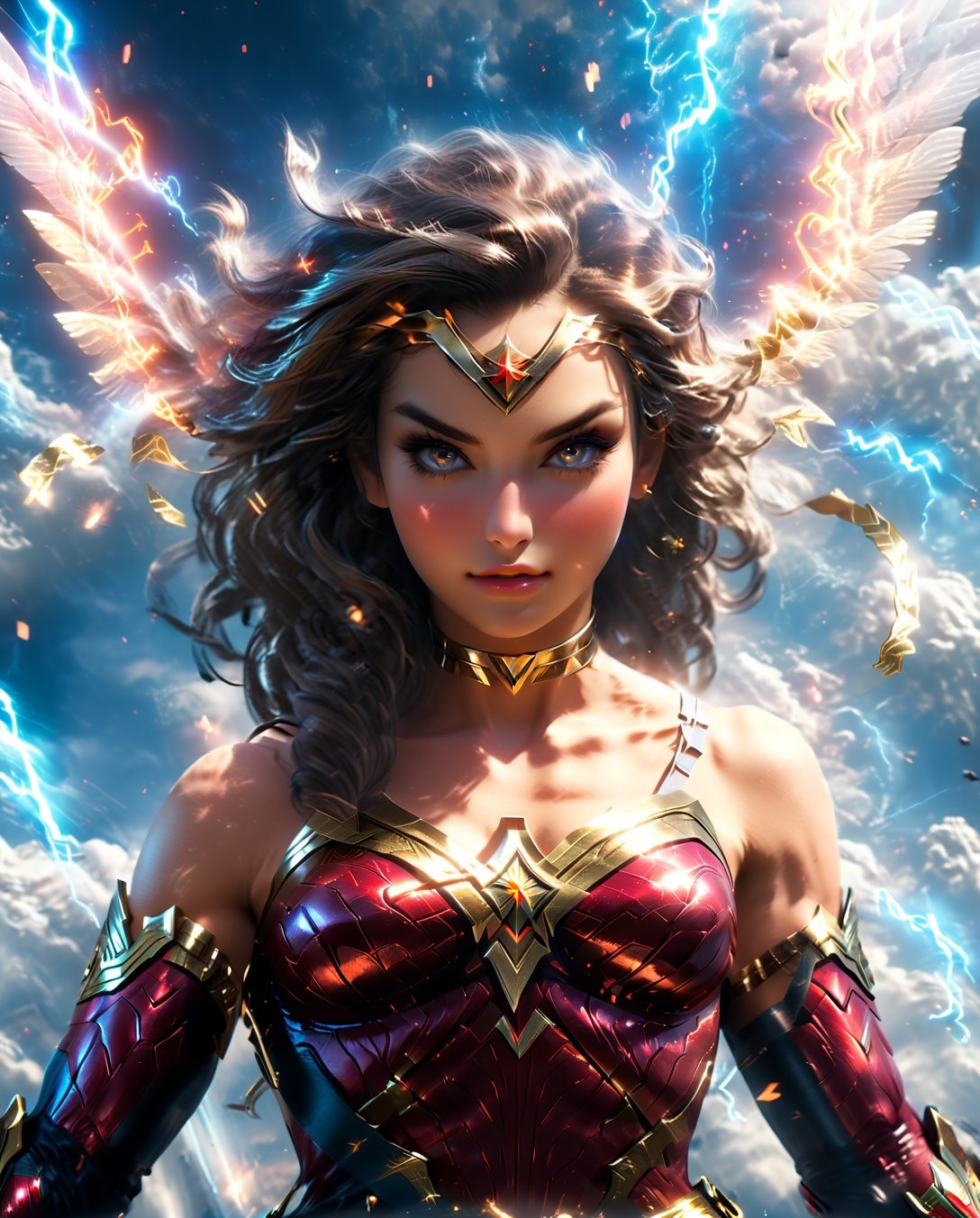 an image of an wonder women qpangel in the sky, unreal engine render + a goddess, wonder woman as a heavenly angel, unreal engine render saint seiya, goddess of light, wonder woman meditating in space, infinite angelic wings, tron angel, wings made of light, angelic wings on her back, square enix cinematic art, tall female devil, wonder woman as an devil, variant poses, ,detailmaster2, flying, very bright gorgeous eyes,