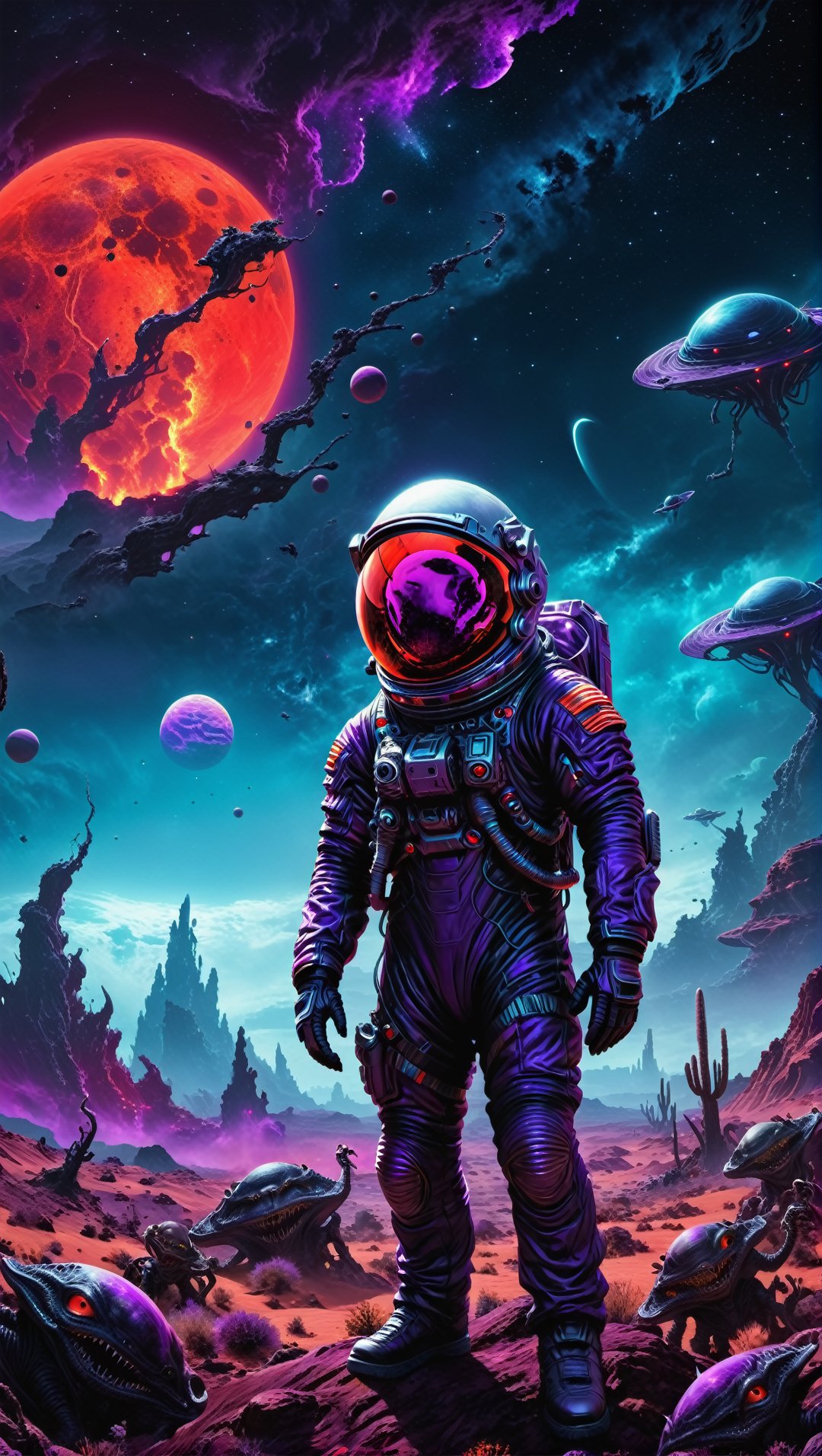 A lost but calm astronaut on a planet surrounded by monstrous scared aliens. and the planet dresses skies and landscapes i...