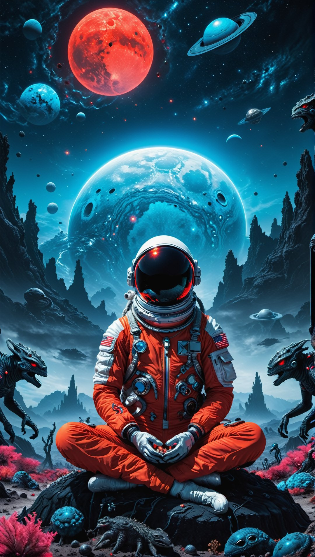A lost but calm astronaut meditating on a planet surrounded by monstrous scared aliens. and the planet dresses skies and l...