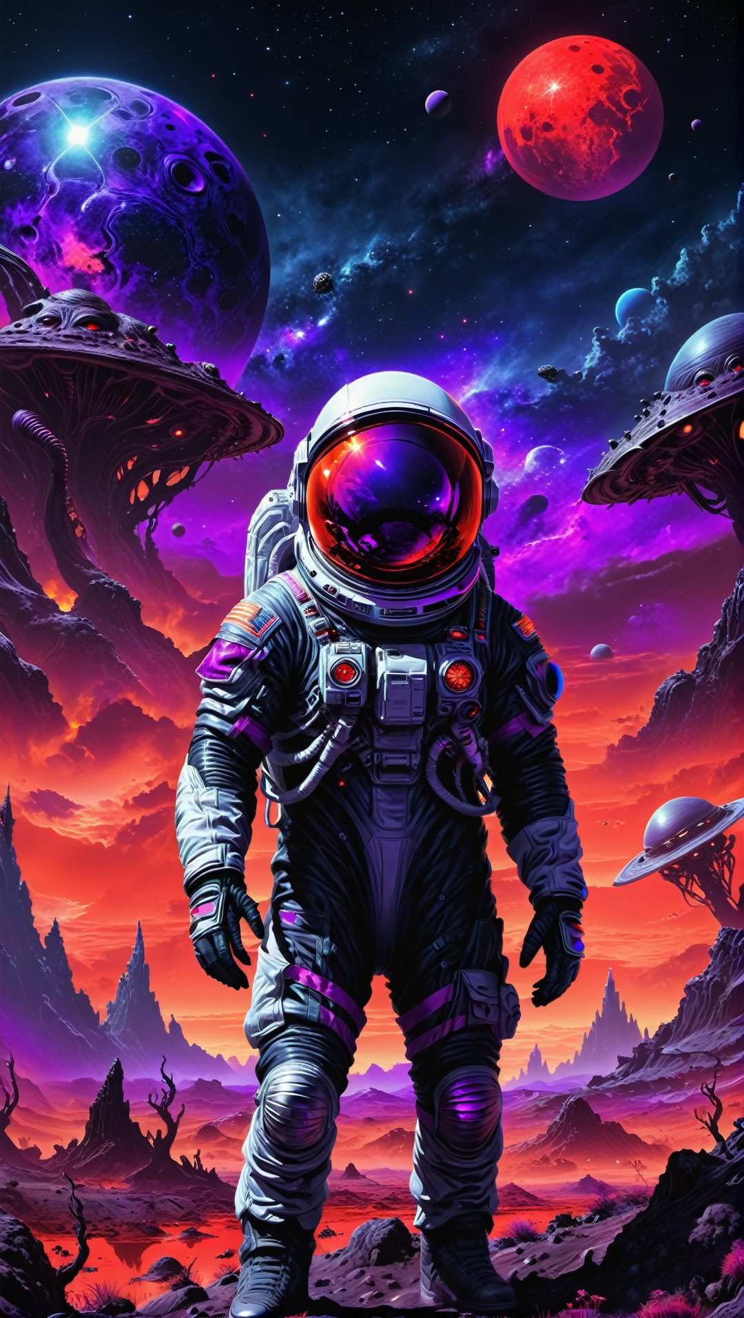 A lost but calm astronaut on a planet surrounded by monstrous scared aliens. and the planet dresses skies and landscapes i...