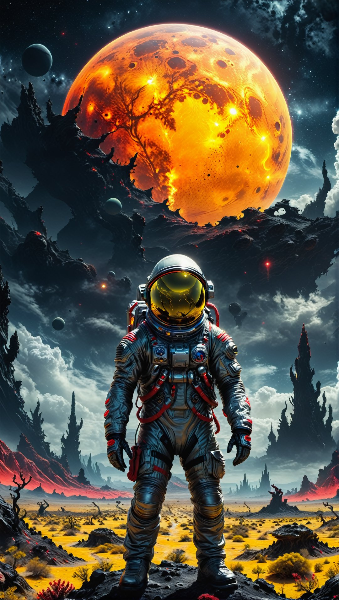 A lost but calm astronaut on a planet surrounded by monstrous scared aliens. and the planet dresses skies and landscapes i...