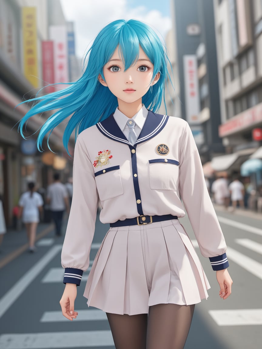 On a lively Tokyo street,  the main character from a beloved anime series walks with confidence,  her electric blue hair f...