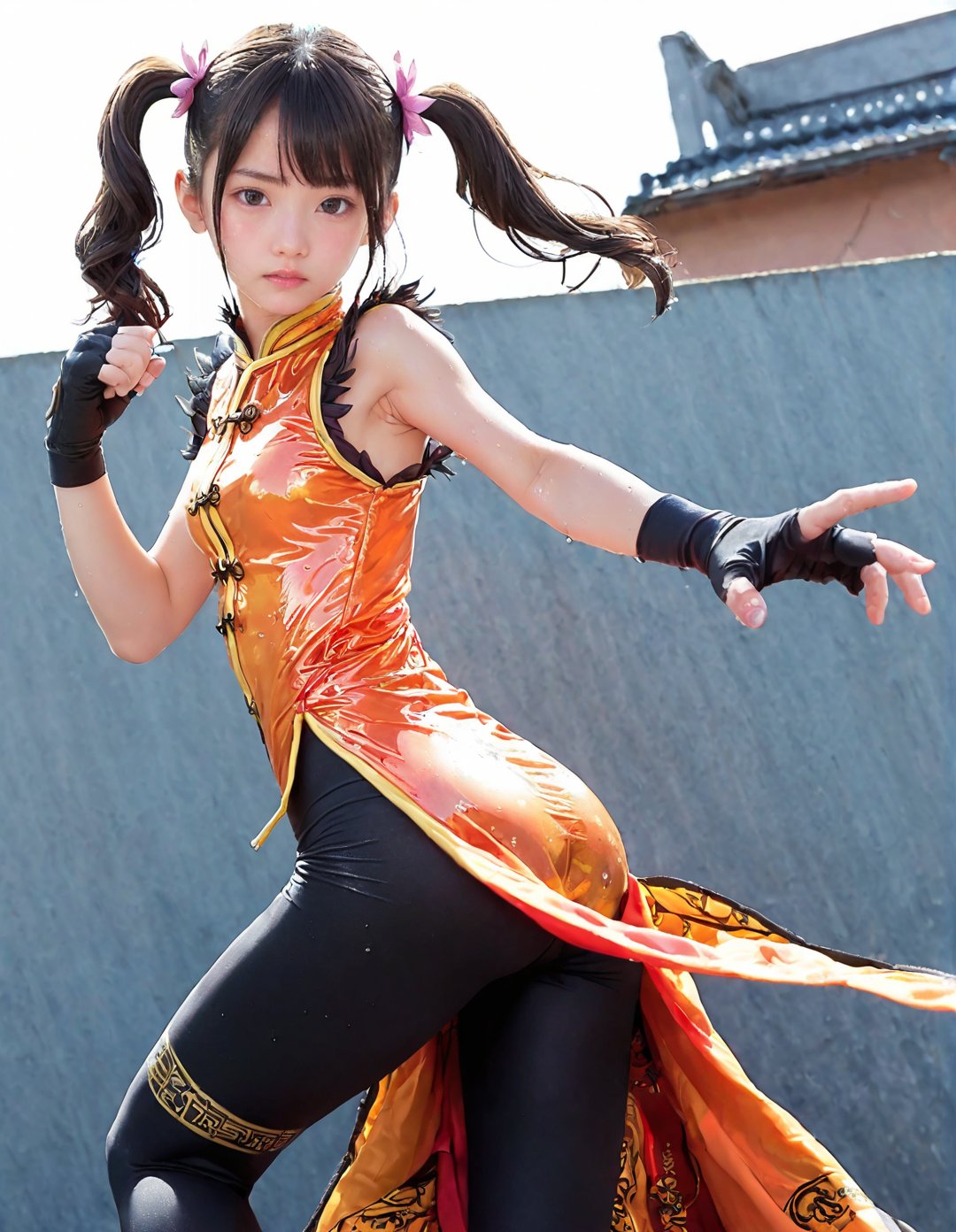 (zPDXL2),ling xiaoyu, chinese clothes,fingerless gloves,bracelet,single glove,pantyhose,(masterpiece,score_9,score_8_up,score_7_up,score_6_up,child,skinny),rear view,serious,blush,(fighting pose,high kick,motion blur,shiny skin,wet body,oiled),ass focus,street,blue sky,enakorin