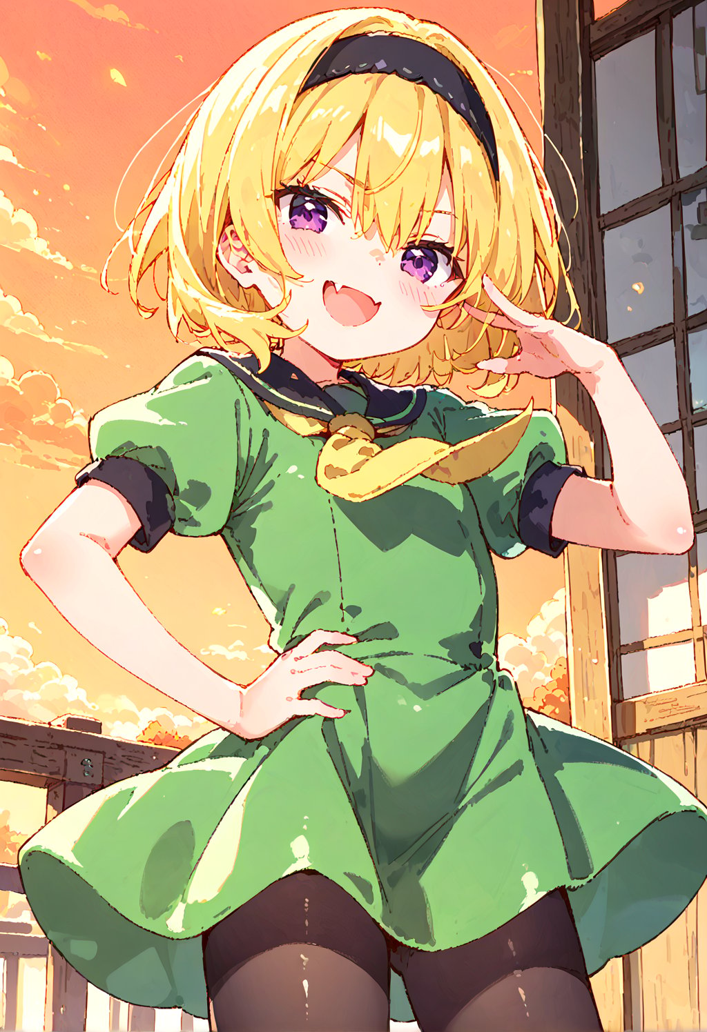 (masterpiece,score_9,score_8_up,score_7_up,score_6_up),blonde,short hair,hair between eyes,purple eyes,smirk,narrowed eyes,blush,open mouth,skin fang,
(black headband,short sleeves,yellow neckerchief,green dress),puffy sleeves,white serafuku,black pantyhose,hand on hip,ojou-sama pose,
outdoor,(Japanese countryside,sunset,orange sky,gradient sky,shiny,shiny skin,shiny outfit),loli,houjousatoko01