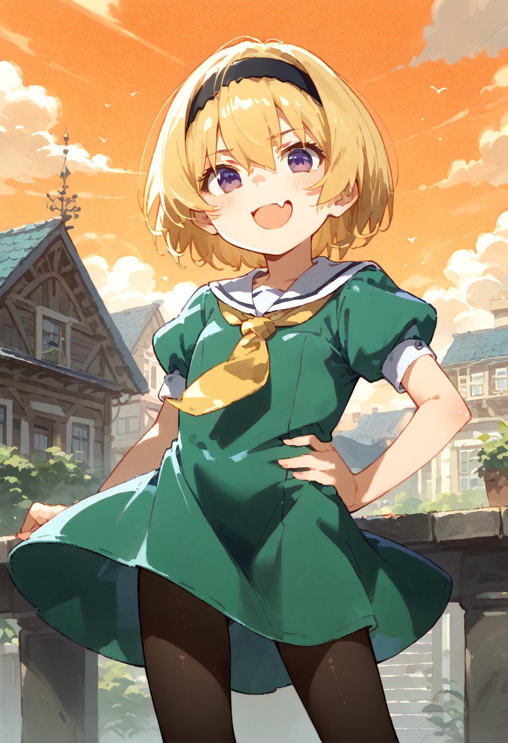 (masterpiece,score_9,score_8_up,score_7_up,score_6_up),houjousatoko01,loli,blonde hair,short hair,hair between eyes,purple eyes,black headband,
smirk,blush,open mouth,skin fang,(green dress),white serafuku,yellow neckerchief,short sleeves,puffy sleeves,black pantyhose,hand on hip,spread legs,
outdoors,schoolyard,(sunset,orange sky),dewy skin,perspiration on skin,skin texture,fine lines,natural imperfections,light reflections,pores,glossy skin,
Expressiveh,concept art,dark theme