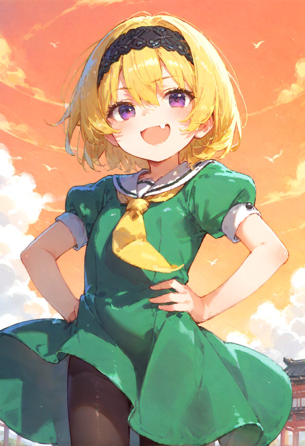 (masterpiece,score_9,score_8_up,score_7_up,score_6_up),blonde,short hair,hair between eyes,purple eyes,narrowed eyes,smirk,blush,open mouth,skin fang,
(black headband,short sleeves,yellow neckerchief,green dress),puffy sleeves,white serafuku,black pantyhose,hand on hip,ojou-sama pose,
outdoor,(Japanese countryside,sunset,orange sky,gradient sky,shiny,shiny skin,shiny outfit),loli,houjousatoko01