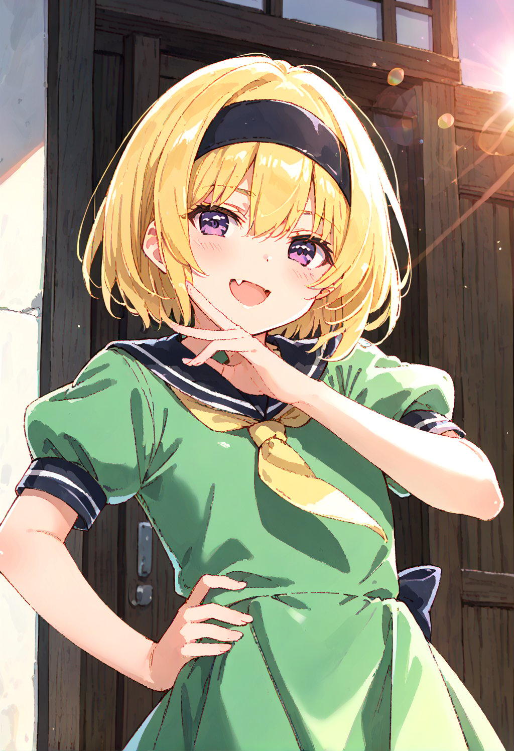 (masterpiece,score_9,score_8_up,score_7_up,score_6_up,photorealism),blonde,short hair,hair between eyes,purple eyes,narrowed eyes,smirk,open mouth,
skin fang,blush,(black headband,short sleeves,yellow neckerchief,green dress),puffy sleeves,white serafuku,black pantyhose,hand on hip,ojou-sama pose,
dewy skin,perspiration on the skin,skin texture,fine lines,pores,natural imperfections,light reflections,glossy skin,shiny skin,
subsurface scattering,god rays,chromatic aberration,lens flare,volumetric lighting,anamorphic lens flare,bloom,depth of field,soft bounced lighting,
soft natural lighting,soft shadows,outdoor,Japanese countryside,(sunset,orange sky),houjousatoko01,Japanese