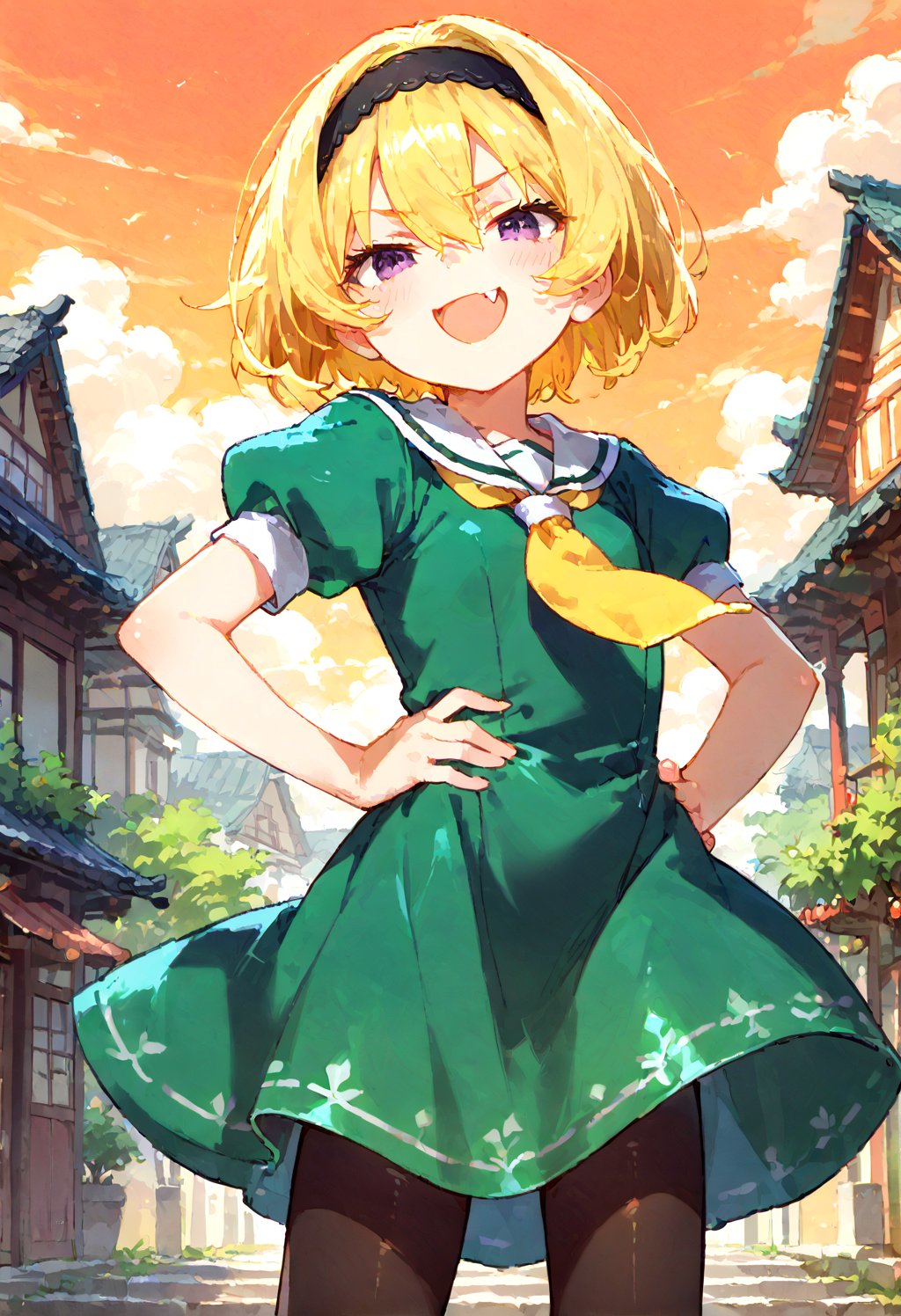 (masterpiece,score_9,score_8_up,score_7_up,score_6_up),blonde,short hair,hair between eyes,purple eyes,narrowed eyes,smirk,blush,open mouth,skin fang,
(black headband,short sleeves,yellow neckerchief,green dress),puffy sleeves,white serafuku,black pantyhose,hand on hip,ojou-sama pose,
outdoor,Japanese countryside,(sunset,orange sky),shiny,shiny skin,shiny outfit,loli,houjousatoko01,Expressiveh,concept art,dark theme