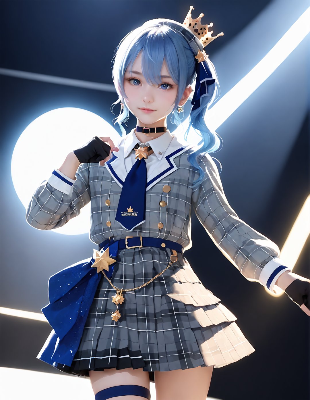 (fyx,masterpiece,score_9,score_8_up,score_7_up,score_6_up),HoshimachiSuisei,SuiseiBase,side ponytail,blue hair ribbon,plaid beret,crown,blue star choker,star earrings,blue ascot,
grey plaid jacket,grey plaid skirt,layered skirt,partially fingerless gloves,star bracelet,uneven legwear,thigh strap,smile,arms at side,stage,stage lights