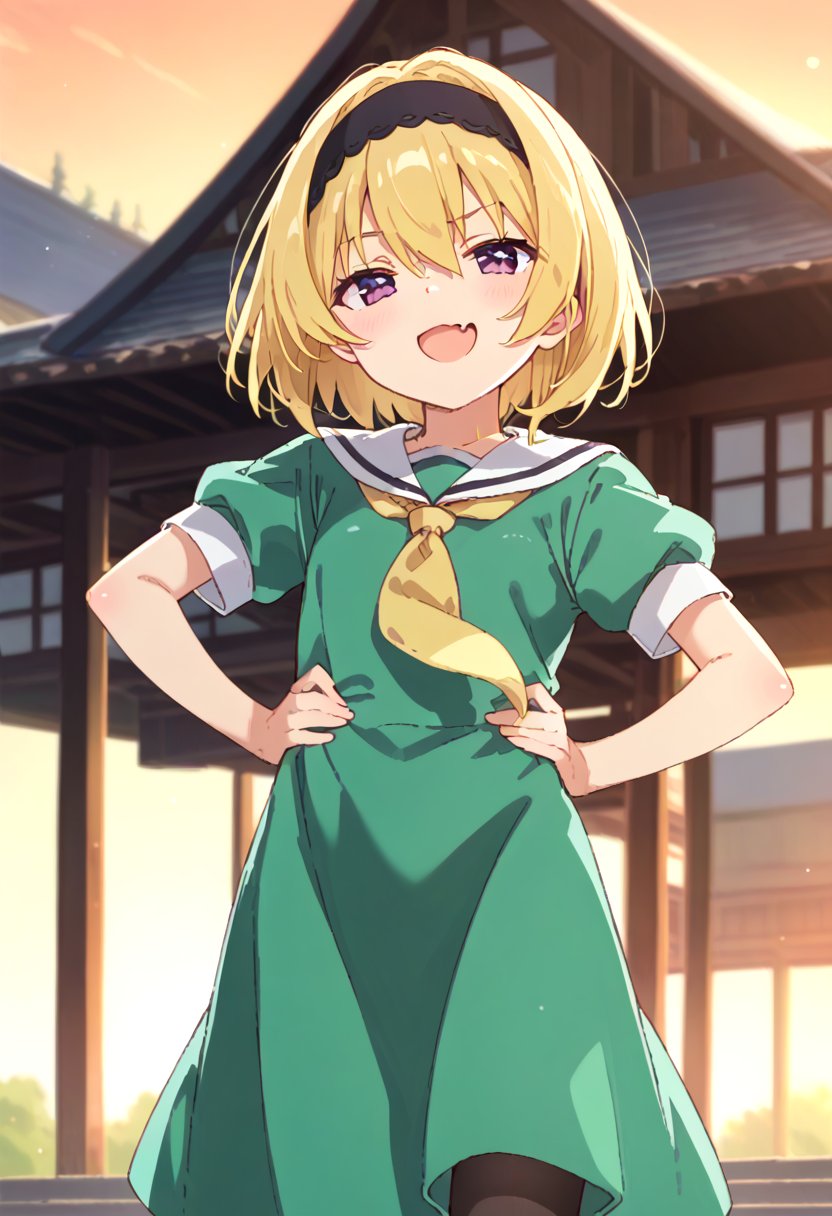 (masterpiece,score_9,score_8_up,score_7_up,score_6_up),anime screencap,loli,blonde,short hair,hair between eyes,purple eyes,smirk,open mouth,skin fang,
blush,(black headband,narrowed eyes,short sleeves,yellow neckerchief,green dress),puffy sleeves,white serafuku,black pantyhose,ojou-sama pose,
hand on hip,dewy skin,perspiration on the skin,skin texture,fine lines,pores,natural imperfections,light reflections,glossy skin,shiny skin,
subsurface scattering,god rays,chromatic aberration,lens flare,volumetric lighting,anamorphic lens flare,bloom,depth of field,soft bounced lighting,
soft natural lighting,soft shadows,outdoors,Japanese countryside,(sunset,orange sky),houjousatoko01,Japanese