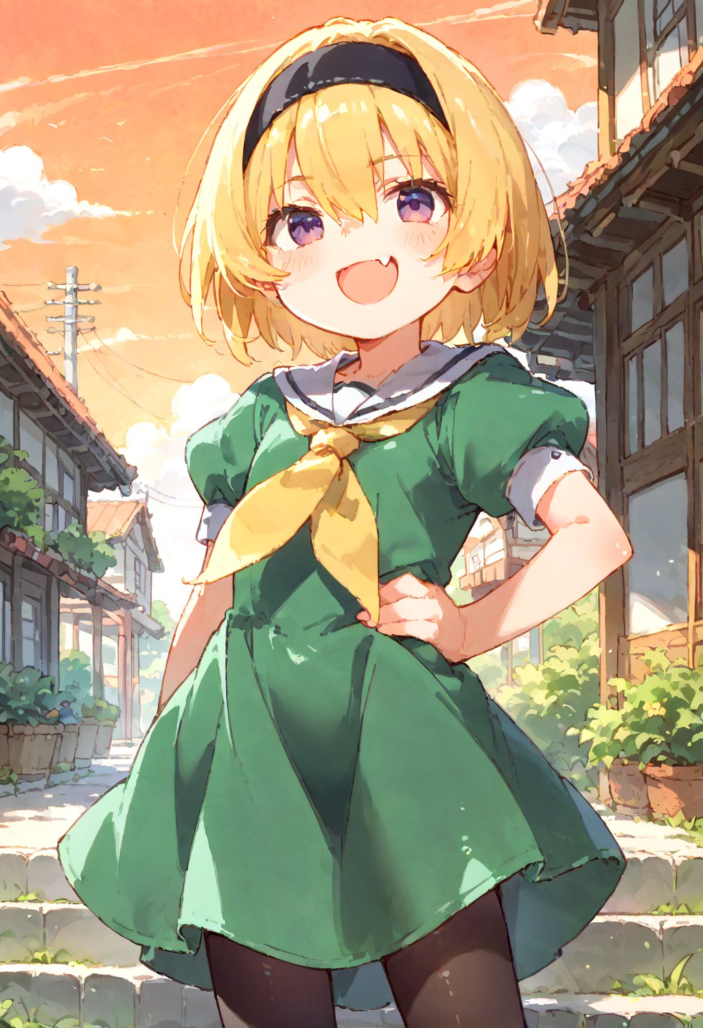 (masterpiece,score_9,score_8_up,score_7_up,score_6_up),houjousatoko01,loli,blonde,short hair,hair between eyes,purple eyes,black headband,smirk,
narrowed eyes,blush,open mouth,skin fang,(yellow neckerchief,green dress,puffy short sleeves),white serafuku,black pantyhose,hand on hip,
outdoor,Japanese countryside,watermill,(sunset,orange sky,fying crows),shiny,shiny skin,shiny outfit