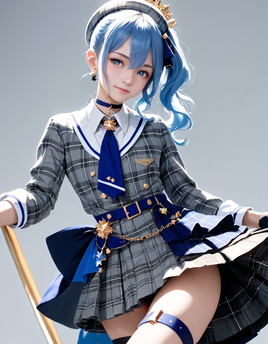 (fyx,masterpiece,score_9,score_8_up,score_7_up,score_6_up),HoshimachiSuisei,SuiseiBase,side ponytail,blue hair ribbon,plaid beret,crown,blue star choker,star earrings,blue ascot,
grey plaid jacket,grey plaid skirt,layered skirt,partially fingerless gloves,star bracelet,uneven legwear,thigh strap,on stage,spotlights,arms at side,smile