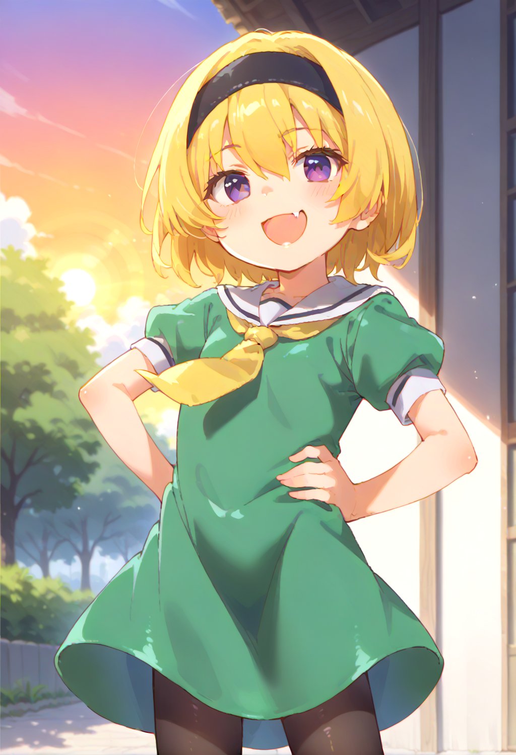 (masterpiece,score_9,score_8_up,score_7_up,score_6_up),anime screencap,loli,blonde,short hair,hair between eyes,purple eyes,smirk,open mouth,skin fang,
blush,(black headband,narrowed eyes,short sleeves,yellow neckerchief,green dress),puffy sleeves,white serafuku,black pantyhose,ojou-sama pose,
hand on hip,dewy skin,perspiration on the skin,skin texture,fine lines,pores,natural imperfections,light reflections,glossy skin,shiny skin,
subsurface scattering,god rays,chromatic aberration,lens flare,volumetric lighting,anamorphic lens flare,bloom,depth of field,soft bounced lighting,
soft natural lighting,soft shadows,outdoors,Japanese countryside,(sunset,orange sky),houjousatoko01