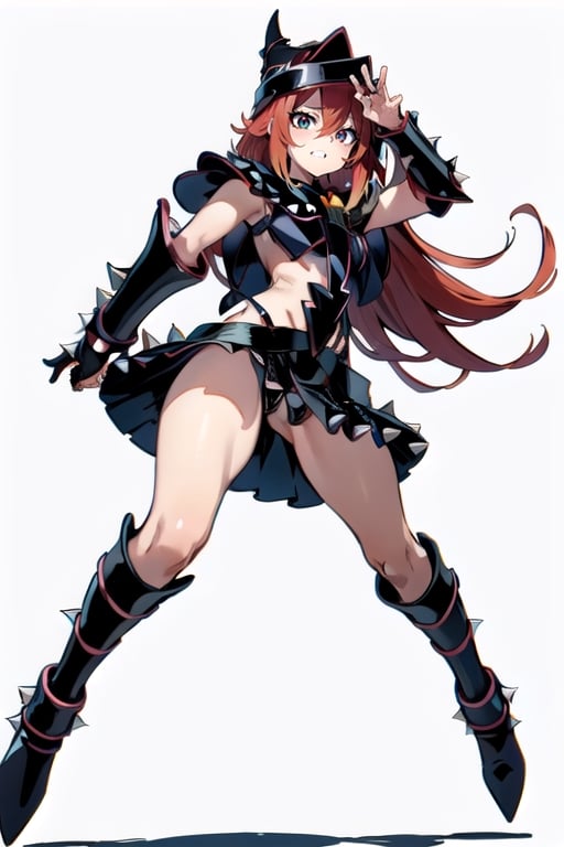 best quality, ((masterpiece, best quality)), expressive eyes, perfect face, (((1girl))), ((jumping)), (((full figure)), matoi ryuuko, dark magician girl, matoi ryuuko, (angry smirk), ((slender)), (((long red hair))), ((((metal spikes))), ((triple horned black helmet)), suspenders, shoulder pads, ((((magician of black chaos)))), (((studded armor))), long skirt, midriff, white background,