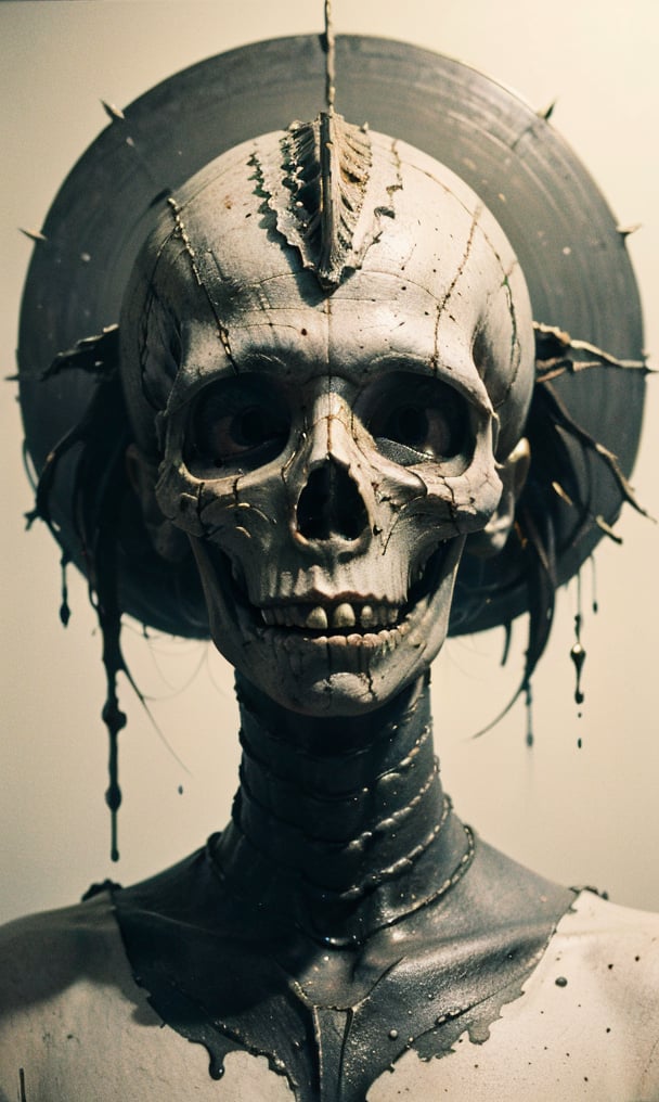 symmetrical and frontal portrait of a skull, front and semi-symmetrical, Focus on a human skull, A portrait of a skull, moebius style illustration, human skull as a trophy hanging on a wall, aesthetic, score_9, score_8_up, score_7_up, lPortrait, Only part of the skull, A biomechanical human skull in the style of H.R. Giger, skull attached to cyberpunk biomechanical machine, skull embedded in a biomechanical machine, suspended and welded to a biomechanical wall, characteristic of H.R. Giger, its shape is a hypnotic fusion of a biomechanical human skull of a human being in the style of H.R. giger, an ominously intricate machine, parts of the crane subtly morph into cold yet complex metallic contours, dark environment with fog, Human skull subtly attached and fused to the biomechanical environment, biomechanical pipes, water vapor and fog surround her, horror atmosphere, slimy slime drips from her body, alien style 1979

legendofnerd style, simple BREAK background, diagonal abstract structure on the background. add text as artist signature "Drauka"

color pencil, sketch, painting, paper texture, art_solyanka, SKP-highly detailed, SamYoung_Illustration