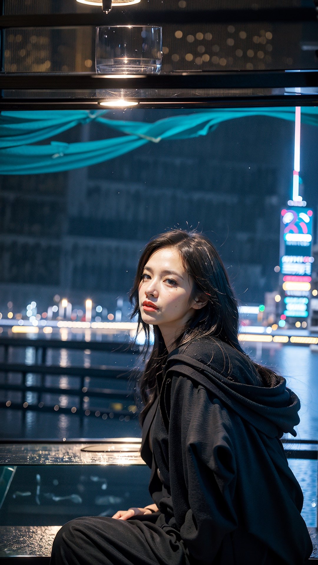 Perched atop a skyscraper, a girl sits beside a sprawling glass mirror, gazing out at the breathtaking cityscape that unfolds before her. The city below is a sea of shimmering lights, its skyline reaching towards the heavens. The reflection in the mirror captures this urban symphony, creating a sense of infinite depth and wonder. With the night sky as a backdrop, stars twinkle above, harmonizing with the city lights. The girl's presence adds a touch of contemplation to the scene, as she becomes part of the city's grand narrative, a solitary observer amidst the urban expanse.attractive, flirting, looking at viewer, detailed skin, highly detailed, diffused soft lighting, hyperrealism, cinematic lighting,aquarium,yushui