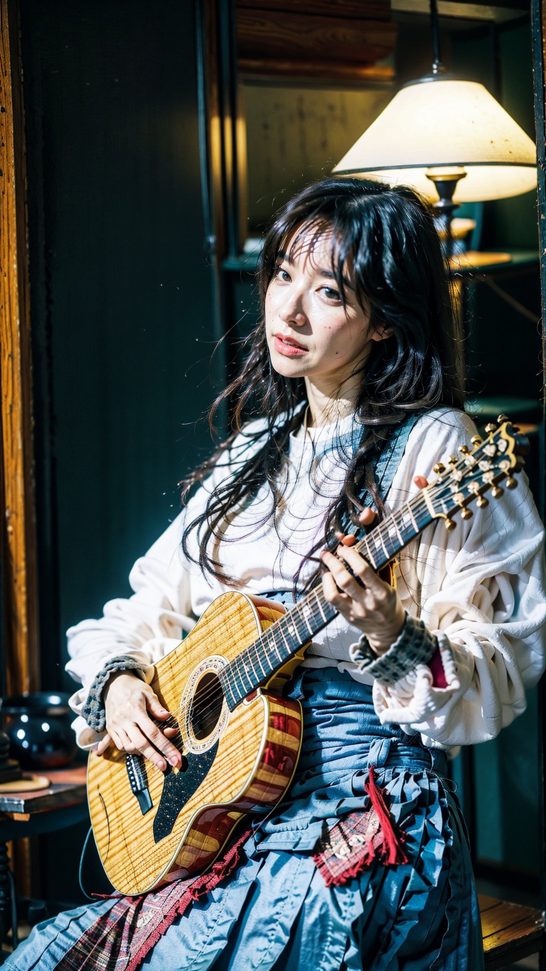 In this image, a young girl with flowing chestnut hair is sitting on a worn wooden bench, surrounded by an intimate atmosphere. He held a vintage acoustic guitar in his hands, his fingers deftly plucking the strings with familiarity. The soft glow of warm light casts a gentle atmosphere, illuminating the instrument's arch and accentuating the girl's calm expression., lost in the melody he was creating, while a small smile graced his lips. The surrounding room is decorated with musical paraphernalia: old vinyl records, faded concert posters and a well-loved piano in the corner, flowers and plants., Ultra 4k hd. Anatomically correct body and face.,hanilorashy,perfecteyes