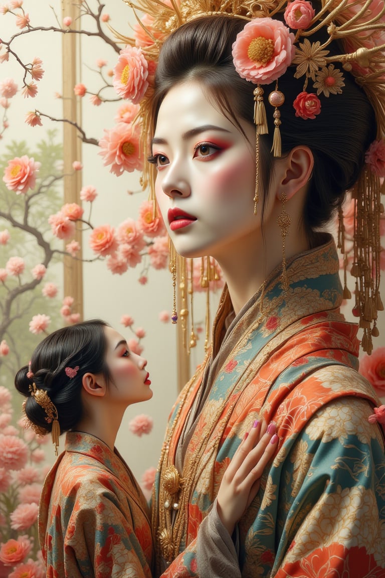 A colossal, intricately adorned Japanese woman stands in her majestic beauty, her flawless porcelain skin accentuated by an elaborate, floral kimono. Her eyes, expressive and filled with ancient wisdom, stare out with an ethereal grace, as her elegantly sculpted neck extends upwards, adorned with golden threads and ceremonial jewelry. The vibrant patterns of her kimono are a tapestry of blooming chrysanthemums, symbolizing both longevity and rejuvenation. Her headdress, bursting with an array of delicate flowers and shimmering tassels, towers like a garden of dreams, each petal and bead meticulously arranged, reflecting her youthful allure and immense presence.

At her feet, a smaller woman in her 30s gazes upward in awe and contemplation. Her expression is one of reverence and wonder, a subtle longing intertwined with admiration. She stands in a minimalist yet modern kimono, its soft earth tones in sharp contrast to the vivid vibrancy of the towering figure before her. The scale difference between them creates an almost surreal visual—a contrast between the earthly and the divine, the mortal and the mythical.

The atmosphere is thick with unspoken emotion, the intimate connection between the two women reflecting the complexity of femininity, tradition, and sensual beauty. The smaller woman’s delicate hand rests gently on her chest, as if feeling the weight of her thoughts, her gaze trailing over the monumental figure that represents ideals, dreams, and perhaps unattainable beauty. There's a subtle narrative of self-reflection, of what it means to look up to something seemingly larger than life, while still being part of the same world—both separated by scale, but connected by essence. 

The visual contrast of these two figures encapsulates a story of admiration, desire, and the evolving nature of identity within a landscape rich in history and personal discovery.