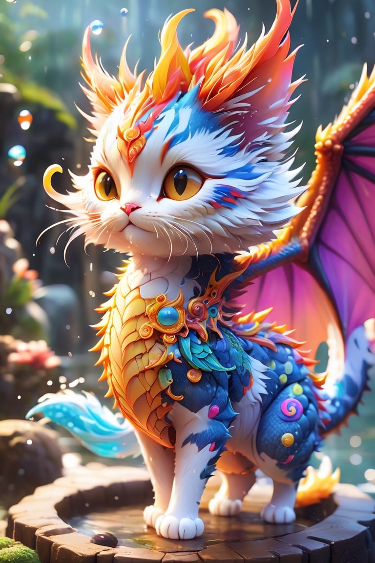 a liquid cute and adorable dragon cat made of colours, dragons wings, dragon tail, chibi, ginger tom, hyperdetailed intricately detailed, fantastical, intricate detail, splash screen, complementary colours, fantasy, concept art, 8k resolution, DeviantArt masterpiece,Xxmix_Catecat