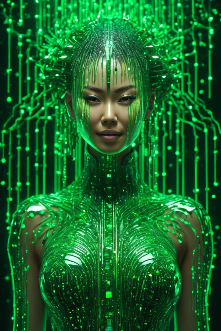 impossibly beautiful full body portrait of human Japanese green matrix code goddess, gorgeous, , the matrix, shapeshifter entity, insane smile, intricate complexity, surreal horror, inverted neon rainbow drip paint, trending on art station, photoreal, 8 k, octane render by greg rutkowski, HR Giger 