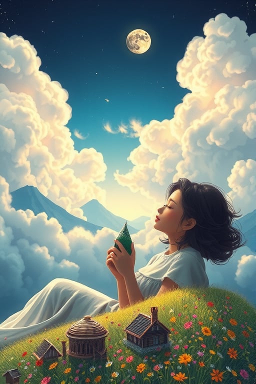 in style of vibrant pencil illustration. anime gigantic scale Gorgeous woman, using a miniature scale mountain as a pillow as she looks up.at tiny scale moon in the scale. she's in 20 years old. she is surrounded by an intricate detail miniature scale landscape, her blankets are fluffy white clouds, there are miniature fantasy villages surrounded by fields of tiny multi coloured flowers.  cinematic lighting , depth of view, 