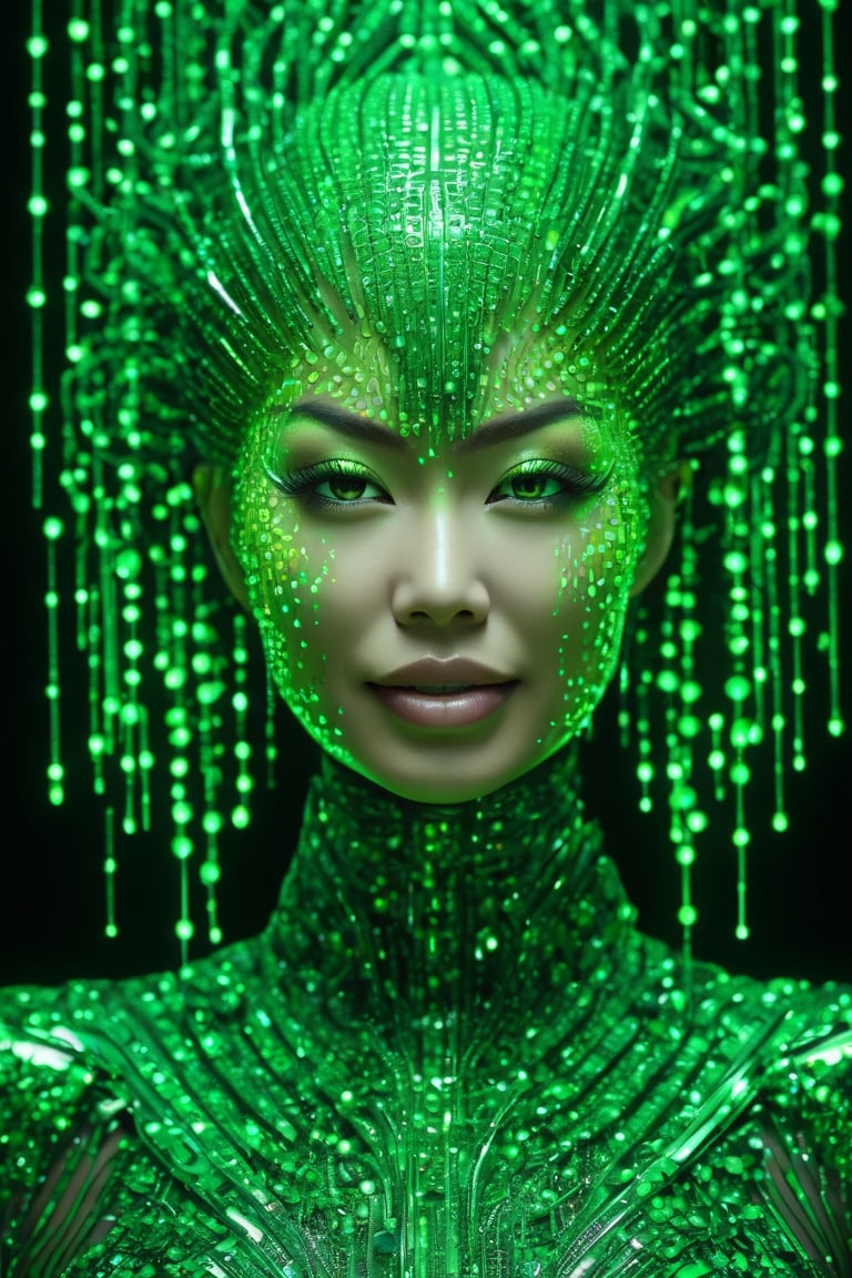 impossibly beautiful full body portrait of human Japanese green matrix code goddess, gorgeous, , the matrix, shapeshifter entity, insane smile, intricate complexity, surreal horror, inverted neon rainbow drip paint, trending on art station, photoreal, 8 k, octane render by greg rutkowski, HR Giger 