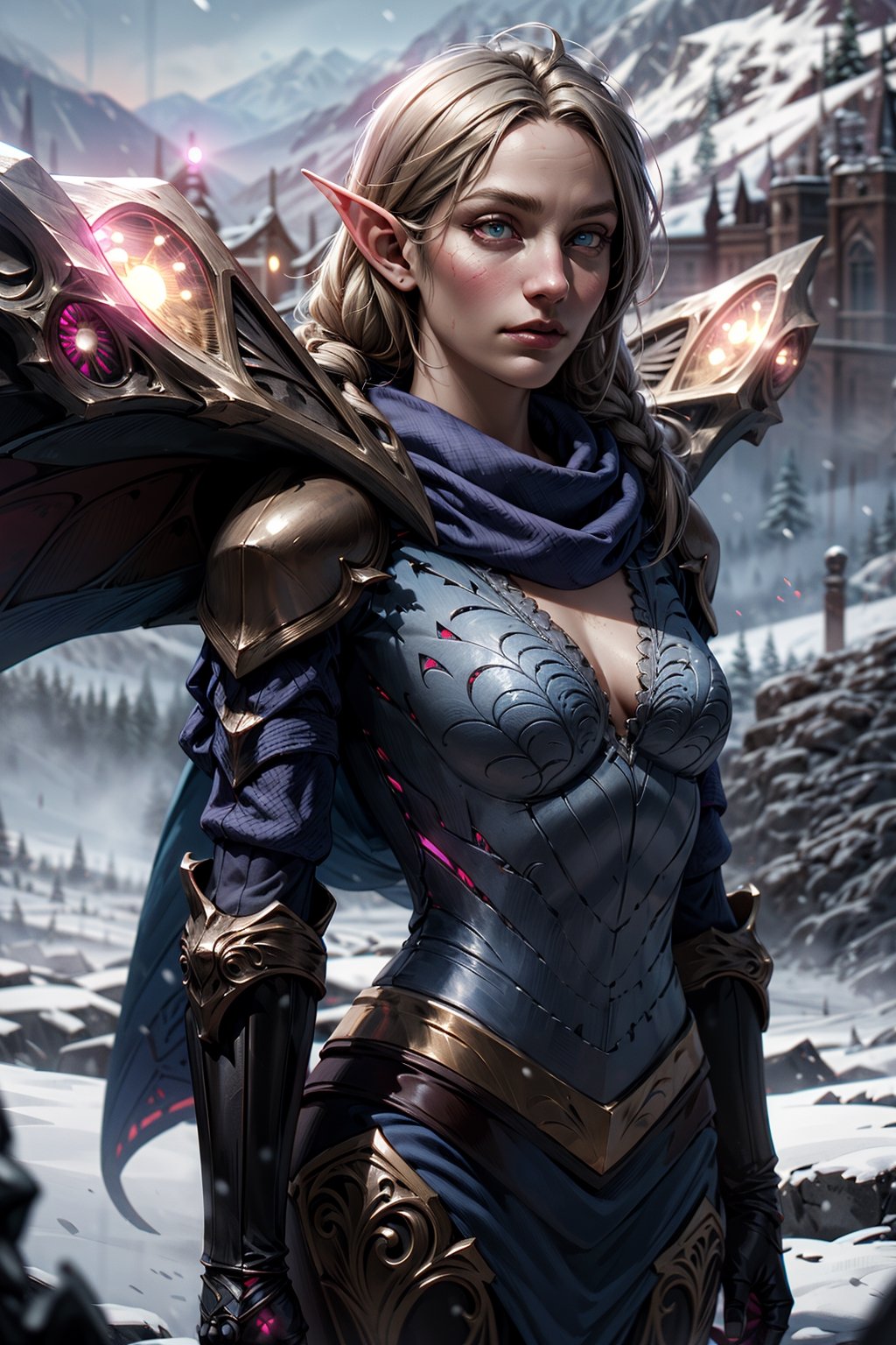 upper body of a slender elf girl in ornate blue metal armor with gold fillegre, large ornate blue pauldrons with gold trim fillegre  paladin, very long twin_braids,  honey_blonde hair,  hazel eyes,  bright pupils,  eye focus, long red wool cape, standing on snow covered field,  high mountain range in the distant background, snow is falling lightly, winter, midnight,  red_moonlight, medium red moon , particles,  light beam,  chromatic aberration, small breasts, brown leather gloves, pale_skin, detailed_eyes, looking at camera, damaged  armor, dirty armor, fur trimmed clothing, embroidered scarf, round face, blue dragon flying away in the distant background, long_sleeve,   side view,kai'sa,void wings