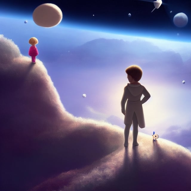 a beautiful painting about of the story follows a young prince who visits various planets in space, including earth, and addresses themes of loneliness, friendship, love, and loss, 8 k resolution, hdr, highly detailed