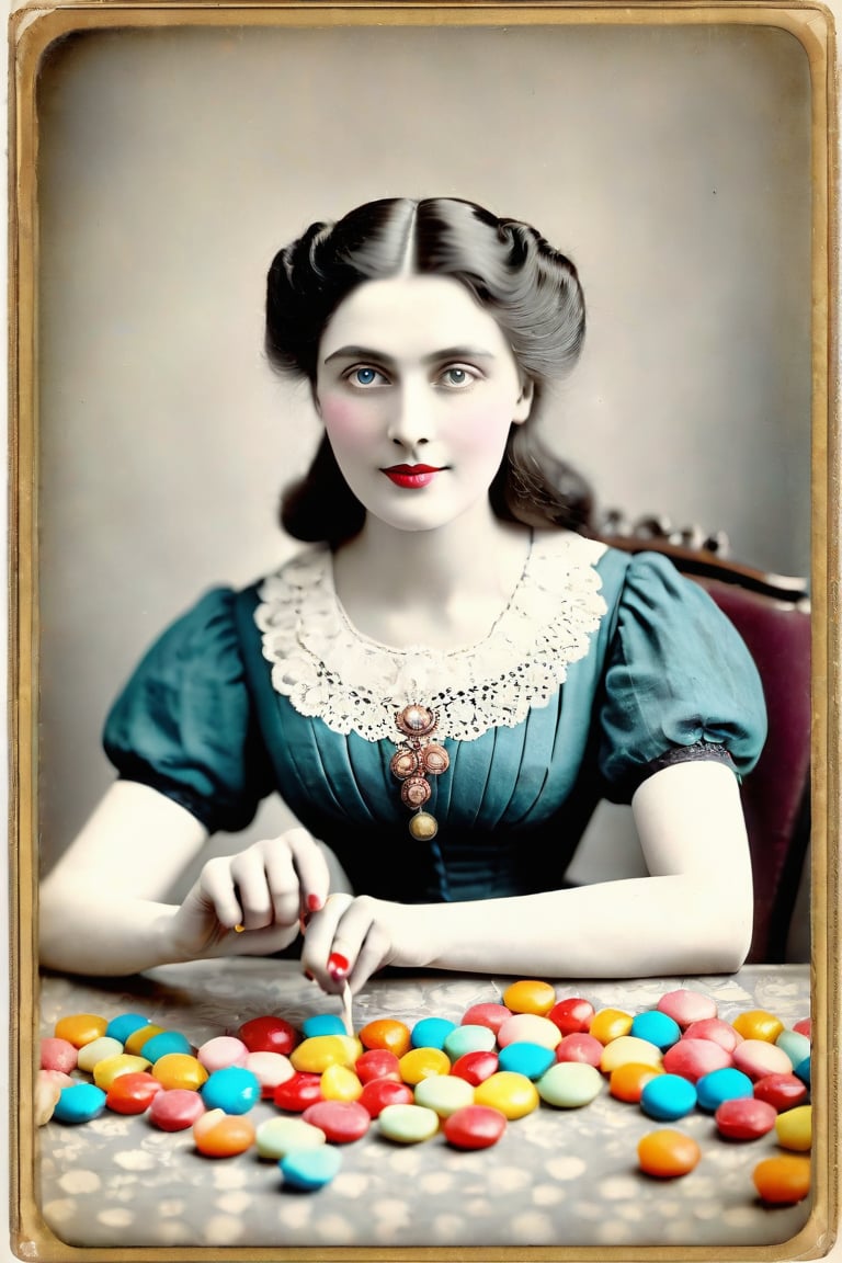 she surprised me with all those coloured sweets tasting like plastic, adult woman, victorian era, restored mild colors, restored very old photography, aged photography borders, 