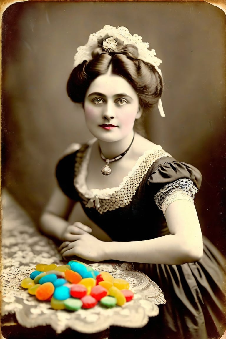 she surprised me with all those coloured sweets tasting like plastic, adult woman, victorian era, restored mild colors, restored very old photography, aged photography borders, 