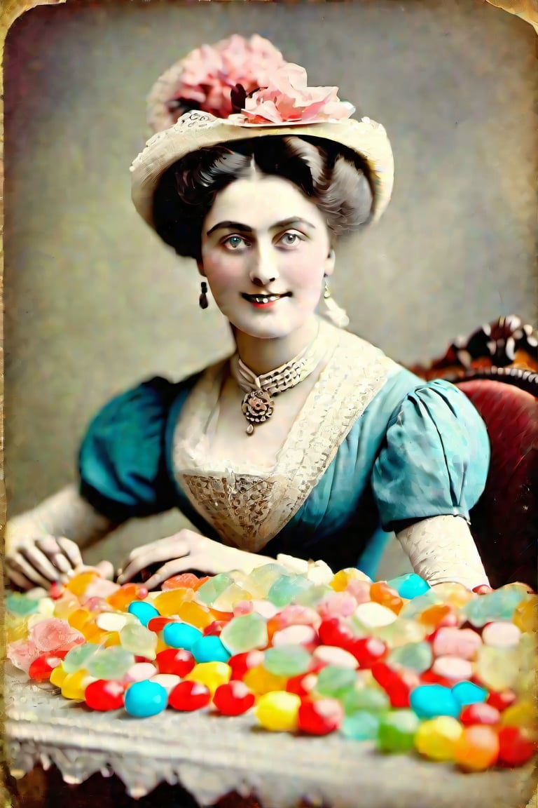 she surprised me with all those coloured sweets tasting like plastic, adult woman, victorian era, restored mild colors, restored very old photography, aged photography borders, 