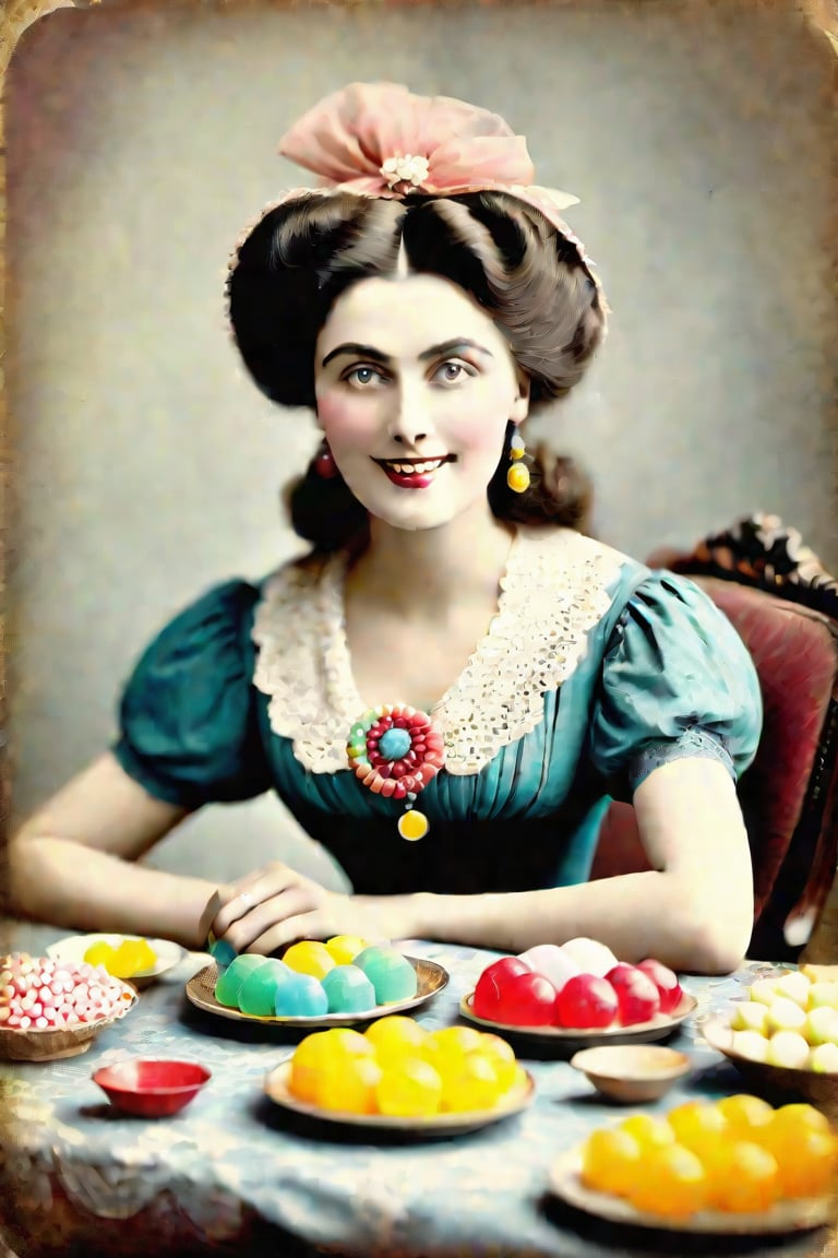 she surprised me with all those coloured sweets tasting like plastic, adult woman, victorian era, restored mild colors, restored very old photography, aged photography borders, 