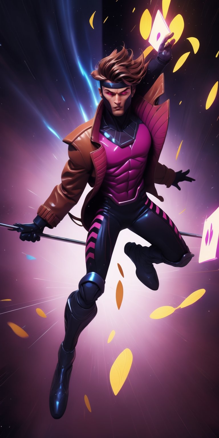 Gambit, Le Diablo Blanc, Remy Lebeau,  holding,weapon, bo staff, very tall, realistic legs movement, holding weapon, coat with realistic movement, glowing, glowing eyes, card, trench coat, magic, specular highlights, ((high speed moves, visible air traces)), fast paced dynamic scene, 60fps, Marvel, Capcom, Ufotable, realistic holding staff movement, realistic throwing cards movement, realistic legs movement, realistic Gambit face head and hair movement, realistic clothes with exceptional dynamic movement, light motion blur, 3d, motiontrail,High detailed , gravity bending, fisheye lenses effect, reality distortion