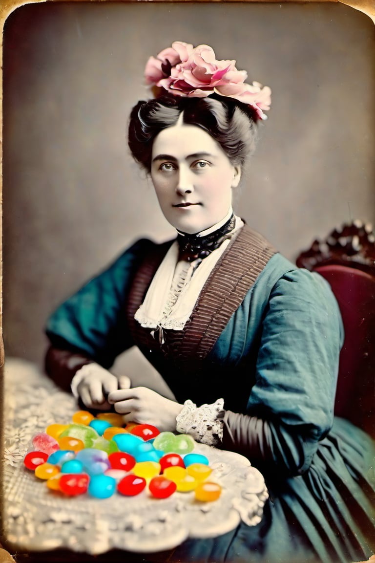 she surprised me with all those coloured sweets tasting like plastic, adult woman, victorian era, restored mild colors, restored very old photography, aged photography borders, 