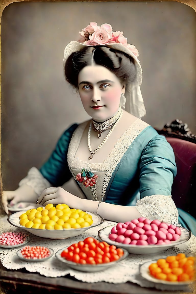 she surprised me with all those coloured sweets tasting like plastic, adult woman, victorian era, restored mild colors, restored very old photography, aged photography borders, 