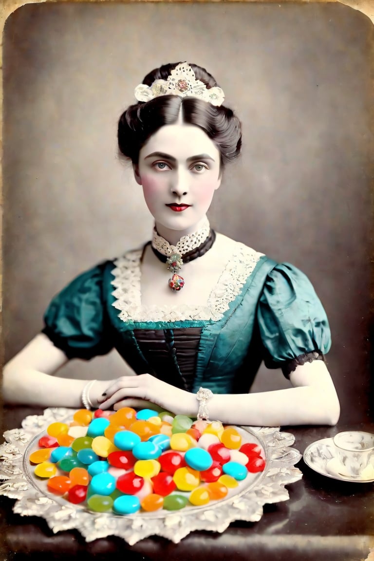 she surprised me with all those coloured sweets tasting like plastic, adult woman, victorian era, restored mild colors, restored very old photography, aged photography borders, 