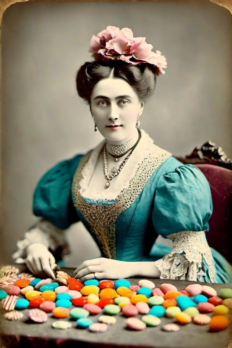 she surprised me with all those coloured sweets tasting like plastic, adult woman, victorian era, restored mild colors, restored very old photography, aged photography borders, 