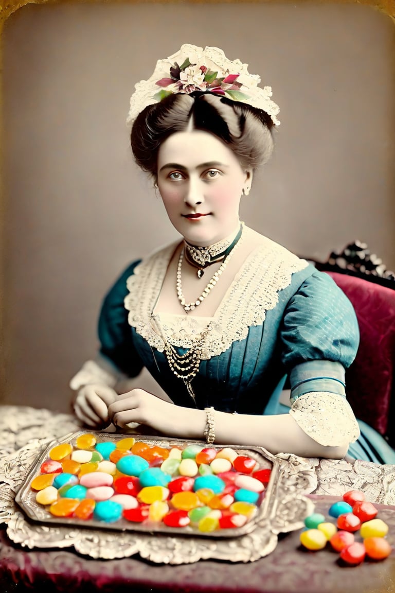 she surprised me with all those coloured sweets tasting like plastic, adult woman, victorian era, restored mild colors, restored very old photography, aged photography borders, 