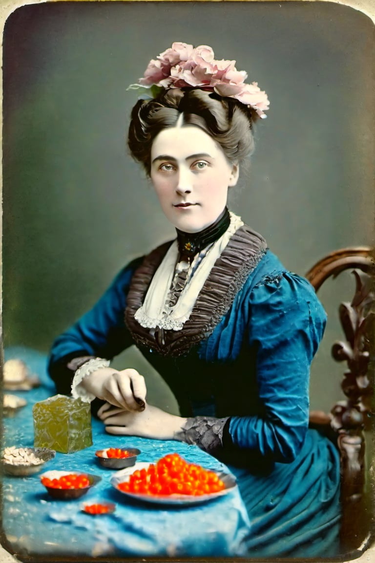 she surprised me with all those coloured sweets tasting like plastic, adult woman, victorian era, restored mild colors, restored very old photography, aged photography borders, 