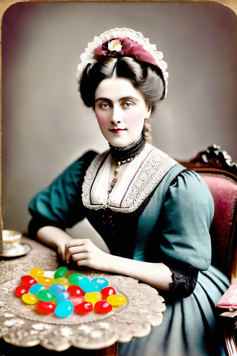 she surprised me with all those coloured sweets tasting like plastic, adult woman, victorian era, restored mild colors, restored very old photography, aged photography borders, 