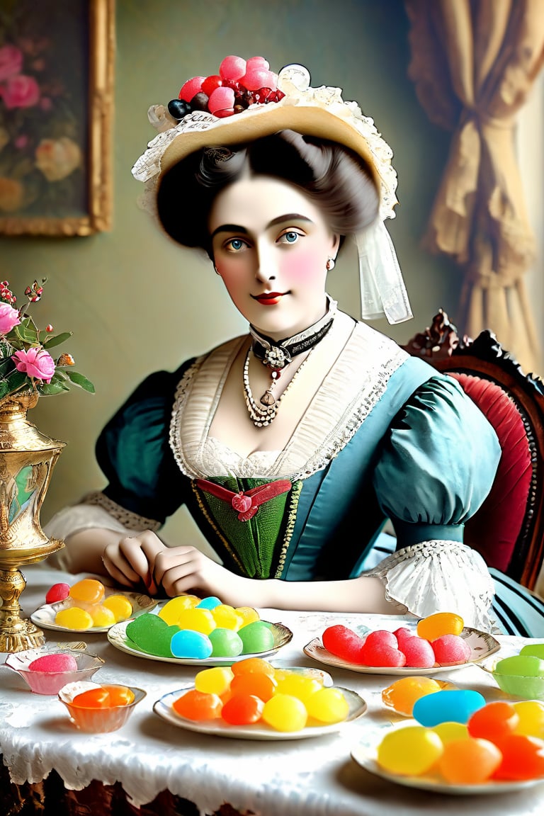 she surprised me with all those coloured sweets tasting like plastic, adult woman, victorian era, restored mild colors, restored very old photography, aged photography borders, 