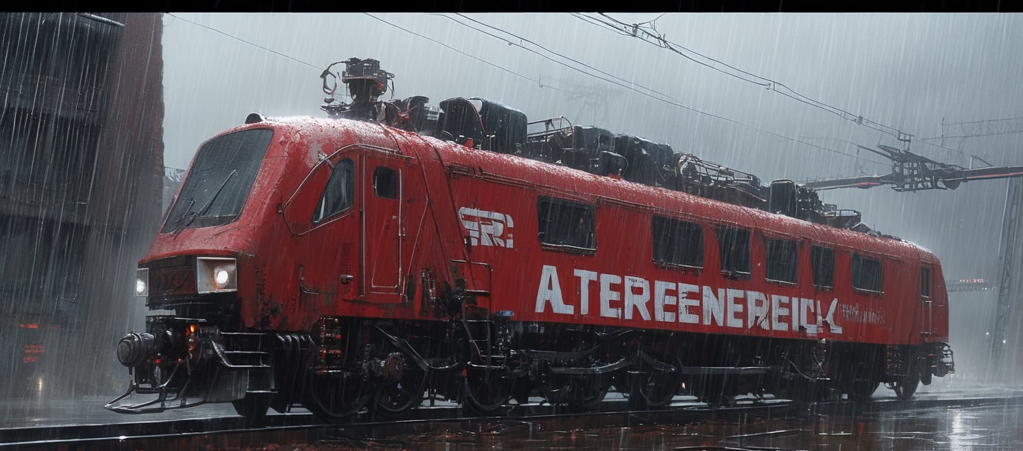 A cybernetic cyberpunk red and white locomotive on rainy day (from alternate reality:1.4),
break,
break,
Noise: 50%,
break,
break,
(hyper future realistic style),
break,
break,
(Strength 6.0),
break,
break,
painting by jakub rozalski,
break,
break,
movie still, cinestill, ,greg rutkowski