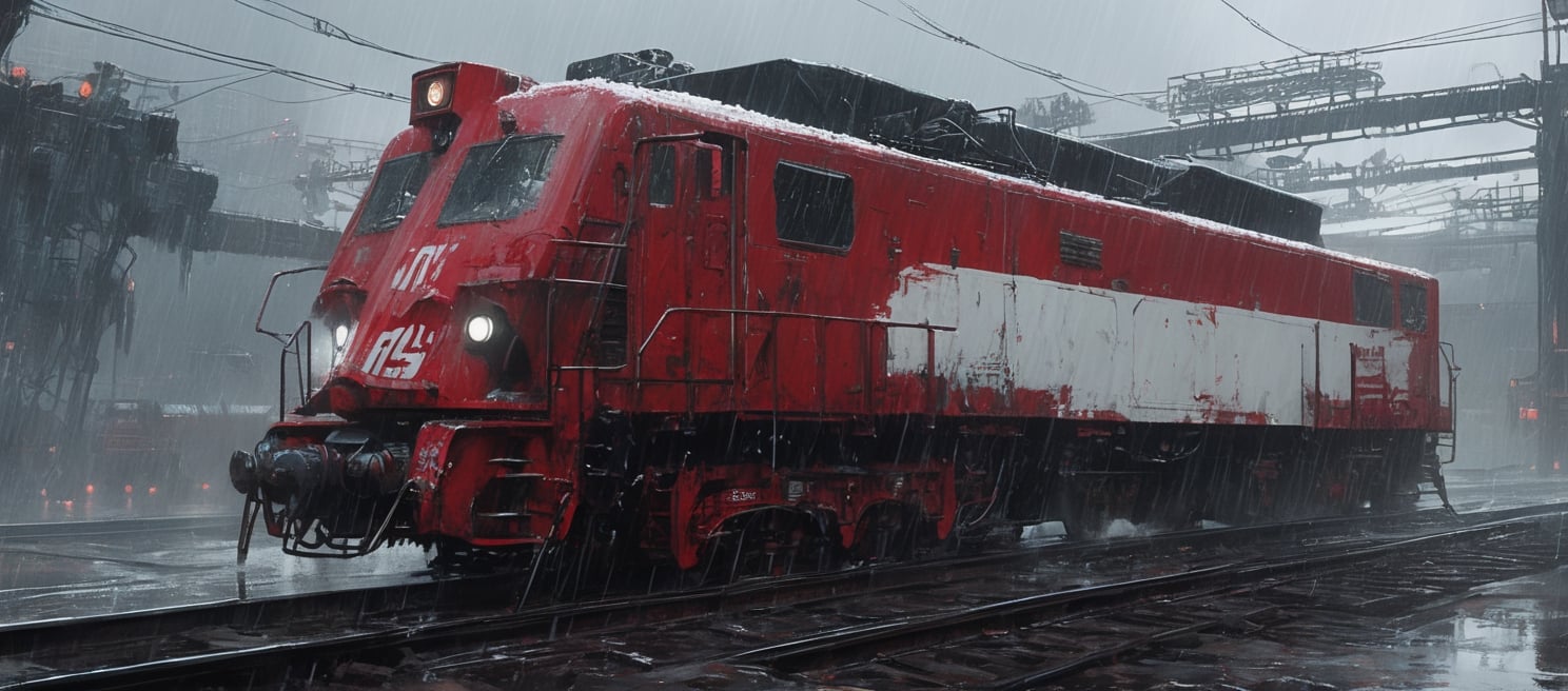 A cybernetic cyberpunk red and white locomotive on rainy day (from alternate reality:1.4),
break,
break,
Noise: 50%,
break,
break,
(hyper future realistic style),
break,
break,
(Strength 6.0),
break,
break,
painting by jakub rozalski,
break,
break,
movie still, cinestill, ,greg rutkowski