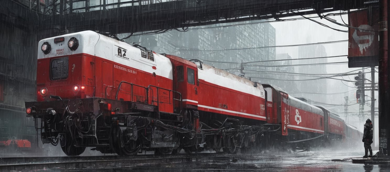 A cybernetic cyberpunk red and white locomotive on rainy day (from alternate reality:1.4),
break,
break,
Noise: 50%,
break,
break,
(hyper future realistic style),
break,
break,
(Strength 6.0),
break,
break,
painting by jakub rozalski,
break,
break,
movie still, cinestill, ,greg rutkowski